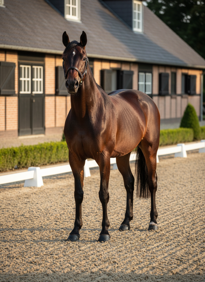 A powerful young Trakehner stallion in rich dark bay, coat gleaming and muscles clearly defined, stands square in a meticulously kept outdoor dressage arena. The sandy footing is freshly dragged, bordered by white dressage rails and low trimmed hedges. Behind him, neat brick stables with dark timber accents and large windows suggest a modern, high-end breeding facility. Late afternoon golden-hour sunlight cuts across the scene, creating bold highlights along his neck and back and long, dramatic shadows on the sand. Photographed at eye level with a slightly wide frame, the stallion dominates the composition, while the background softly blurs. The mood is bold, confident, and aspirational, captured in crisp photographic realism suitable for a portfolio homepage hero image.