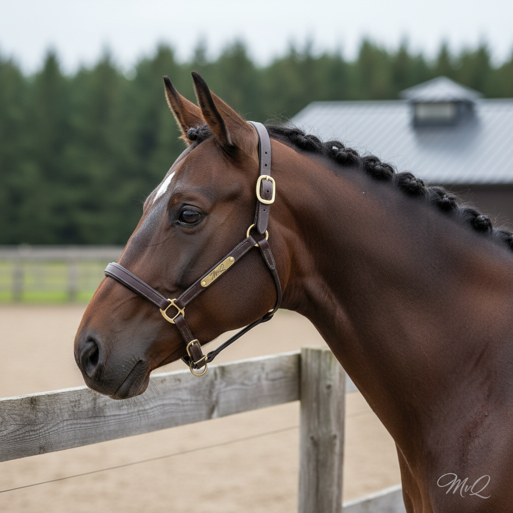A close-up, side-on portrait of a refined Trakehner mare with a braided mane, standing at the arena fence. Her dark eye is bright and intelligent, framed by fine eyelashes and a finely chiseled head with a small star on her forehead. She wears a slim, dark leather halter with a brass nameplate engraved with an elegant “MvQ” logo. Behind her, the background falls into soft bokeh: the blurred texture of an outdoor arena, a line of dark green trees, and a hint of a modern barn roofline. Soft overcast daylight creates even, flattering illumination without harsh shadows, allowing every hair and leather detail to be crisply visible. The close, eye-level composition fills the frame with her head and neck, creating an intimate yet strong mood, captured in clean, high-contrast photographic realism.