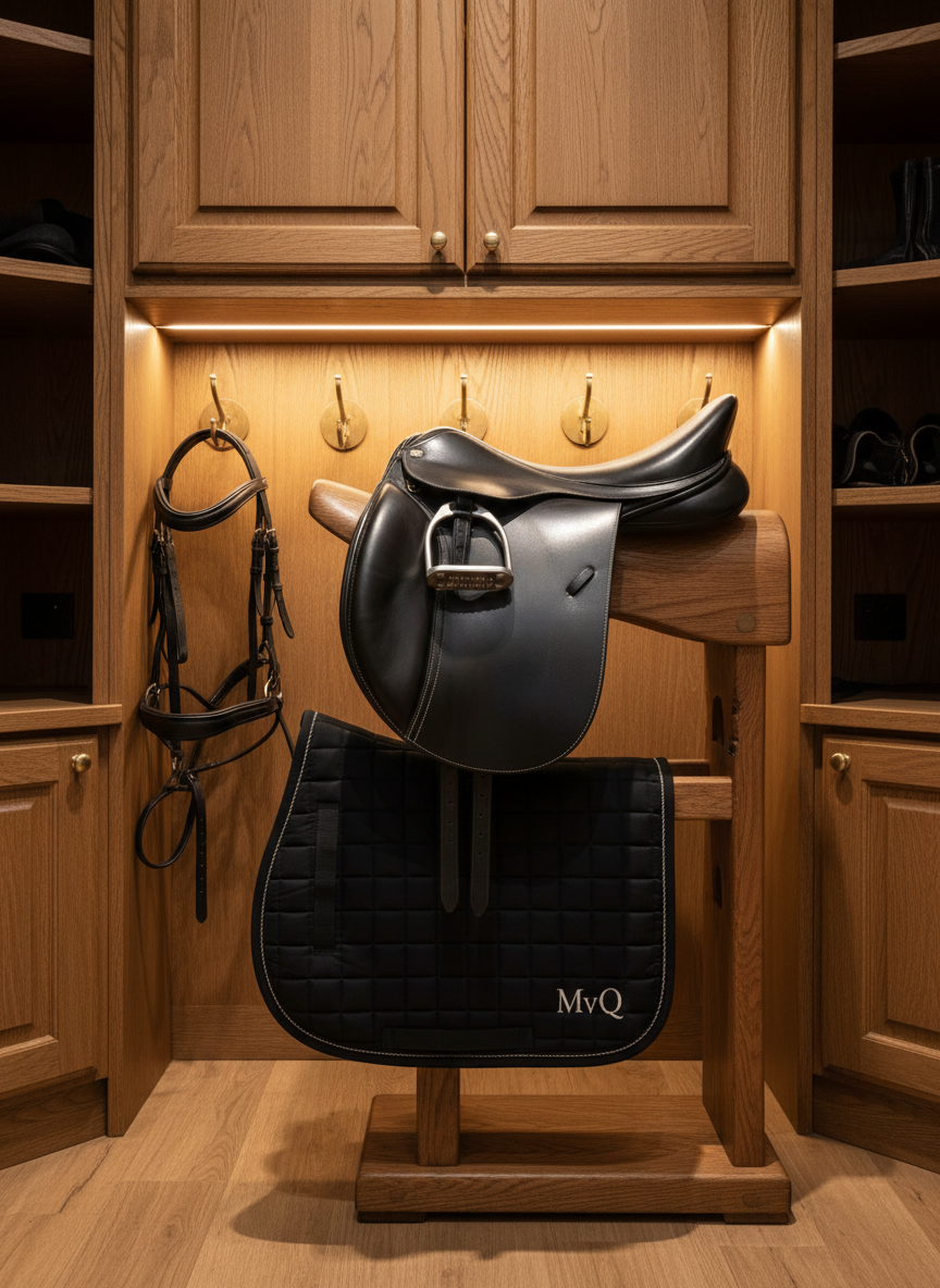 A polished black leather dressage saddle with subtle white stitching rests neatly on a custom wooden saddle rack in a spotless tack room. Next to it hangs a perfectly coiled snaffle bridle with a gleaming silver bit and an embroidered black saddle pad bearing a minimalist “MvQ” monogram. The walls are lined with oiled oak cabinetry and bridle hooks, everything arranged with precise order. Soft, warm LED strip lighting under the cabinets illuminates the leather’s rich texture and picks up metallic reflections, casting crisp but controlled shadows. Shot from a slightly elevated angle with a centered, symmetrical composition, the saddle becomes the bold focal point. The mood is professional, high-end, and meticulously organized, captured in clean photographic realism that reflects the quality standards of a modern breeding and training facility.