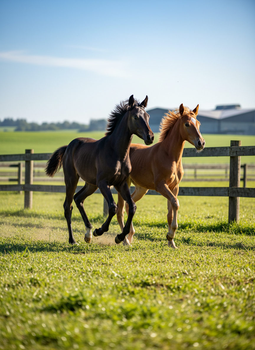 Two lively foals, one elegant Trakehner and one compact Hanoverian, gallop side by side across a lush green paddock, their tails high and manes flying. The Trakehner foal is slender and refined with a shiny dark bay coat, while the Hanoverian is slightly more robust with a warm chestnut sheen. The paddock is framed by sturdy wooden fencing and distant rolling fields, with the modern breeding facility just hinted at on the horizon. Strong morning sunlight creates sharp, energetic contrasts and bright highlights on the foals’ coats, while the grass glows intensely green. Captured with a fast shutter at mid-stride, the image freezes their athletic movement, with a slightly low angle and shallow depth of field. The atmosphere is dynamic, joyful, and full of promise, rendered in vivid photographic realism.
